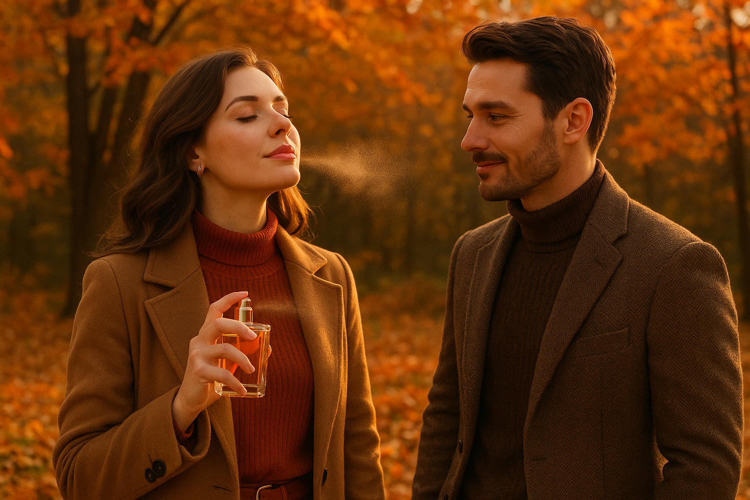 ein mann und eine frau die im herbst parfüm sprühen